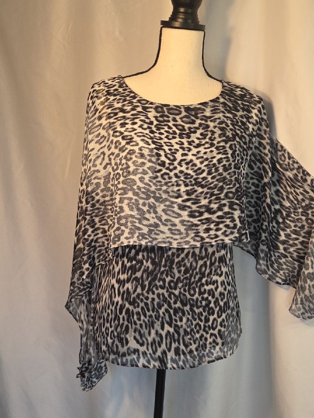 Dkny Black and White Leopard Print Cape Blouse